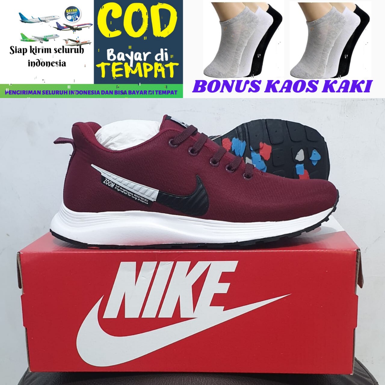 SEPATU PRIA NIKE_2020 ZOOM SPORT MAROON CASUAL RUNNING KETS SKATE PREMIUM HIGH QUALITY IMPORT GARANSI HARGA TERMURAH -FREE KAOS KAKI