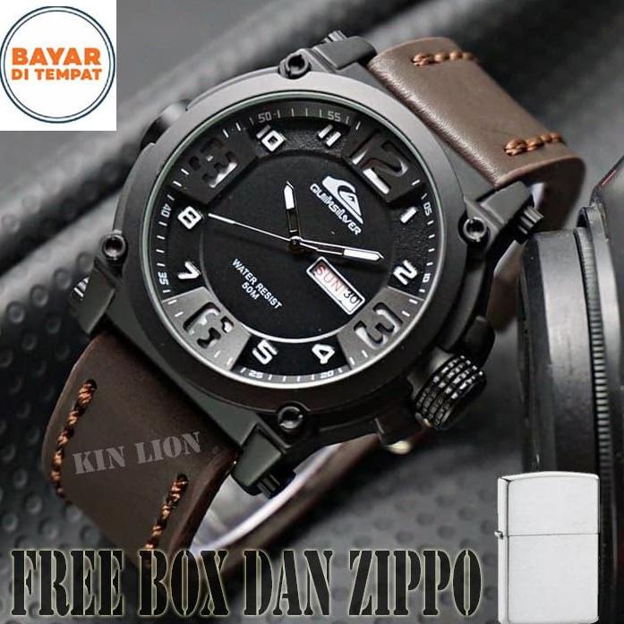 jam tangan pria casual - jam tangan pria keren quiksilver - tanggal aktif - leather strap elegant free zippo