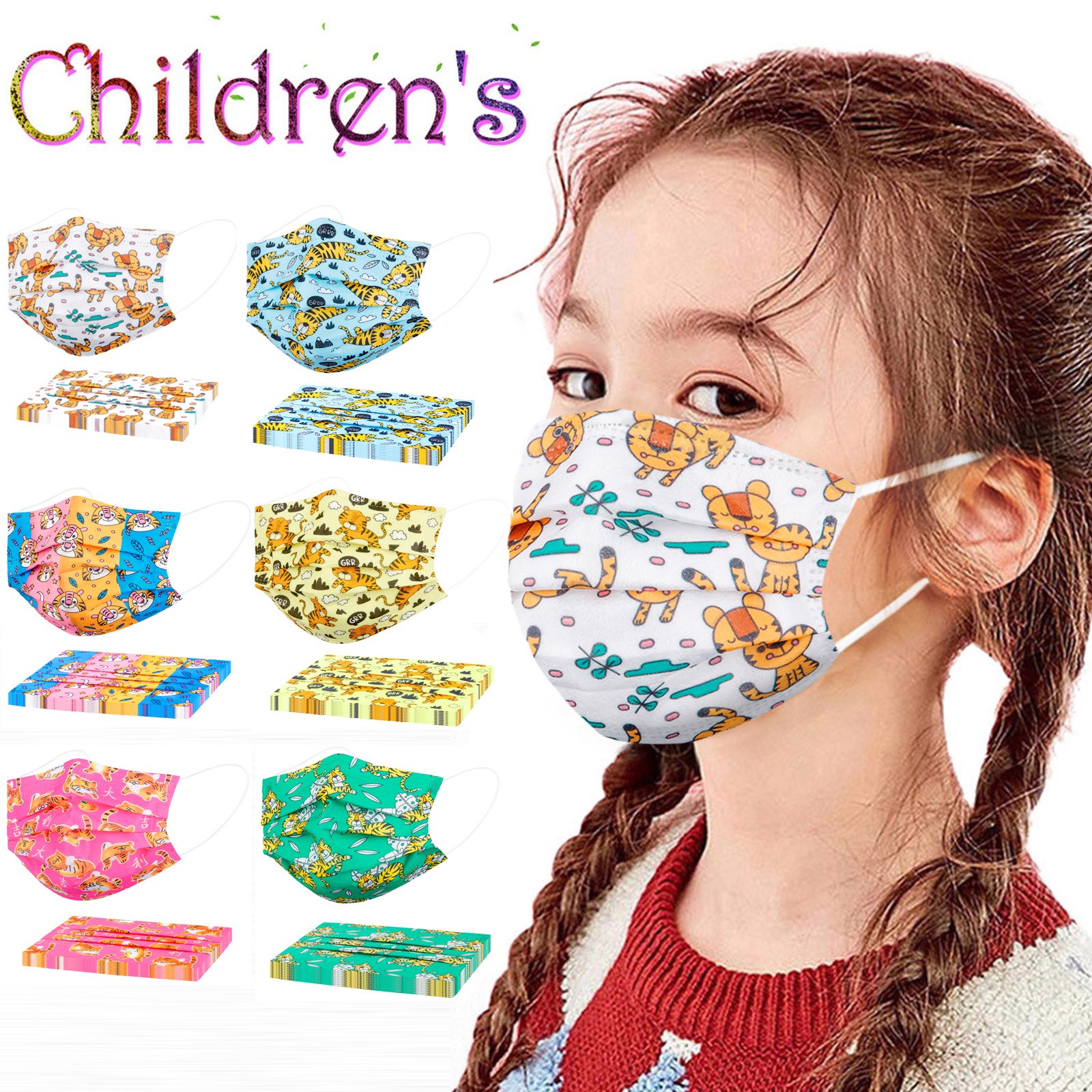 5PC Kids Face Protection Resuable with Insert Pocket Washable Cartoon Printed Adjustable Face Bandana Dustproof Windproof Breathable with Elastic Strap Earloop
