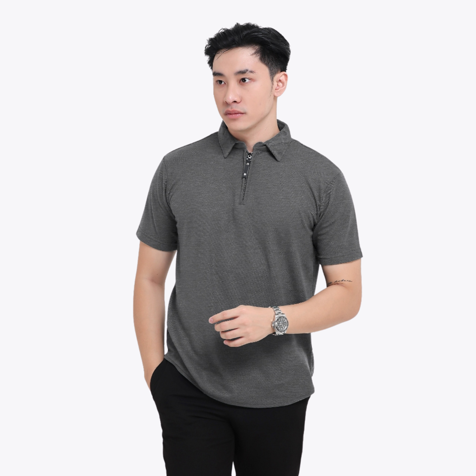 BROGUY Kaos Polo Shirt Pria Kerah Lengan Pendek Zipper Bahan Pique