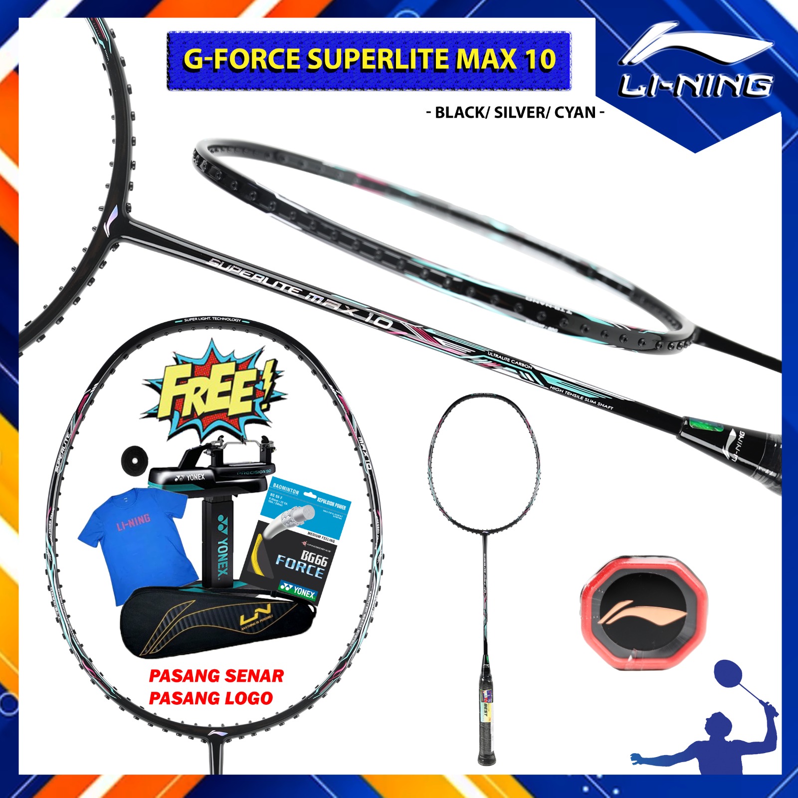 Raket Badminton LINING G Force Superlite Max 10 Black Silver Cyan