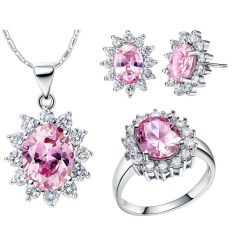 18 K Lapis Emas Putih Perhiasan Kristal Set Wanita Cincin Kalung Anting Set Berwarna Merah Muda (Internasional)