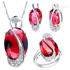 18 K Berlapis Emas Putih Wanita Perhiasan Set Blackhorse Amethyst Red Ruby Crystal Anting Kalung Cincin Set