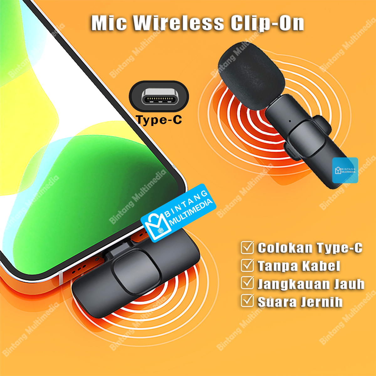 Mic Wireless Clip On Hp Laptop Type C Microphone Wireless Klip Tanpa Kabel Mikrofon Vlog Podcast