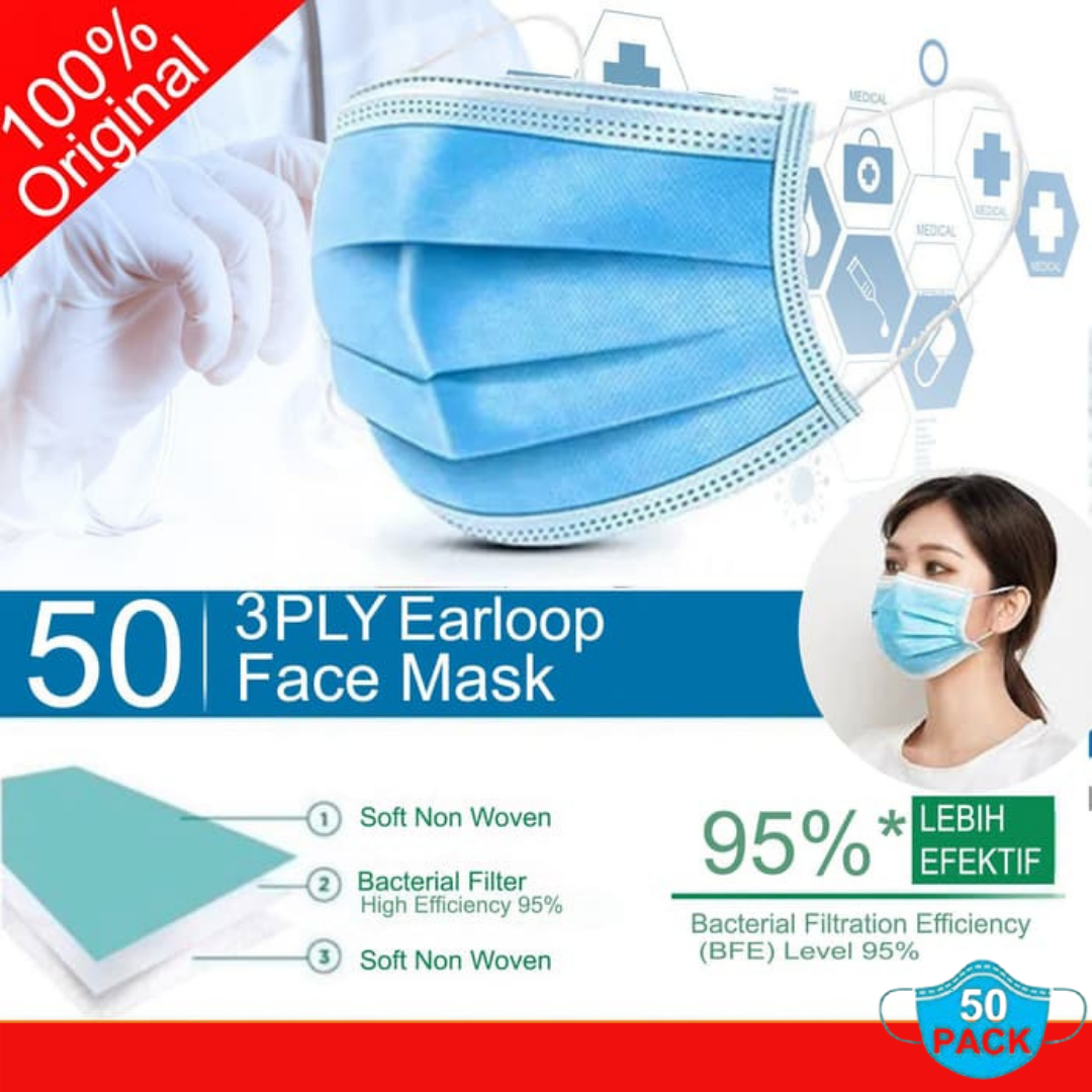 Masker Surgical / Disposable Face Mask 3 Ply Earloop Isi 50 Pcs ...