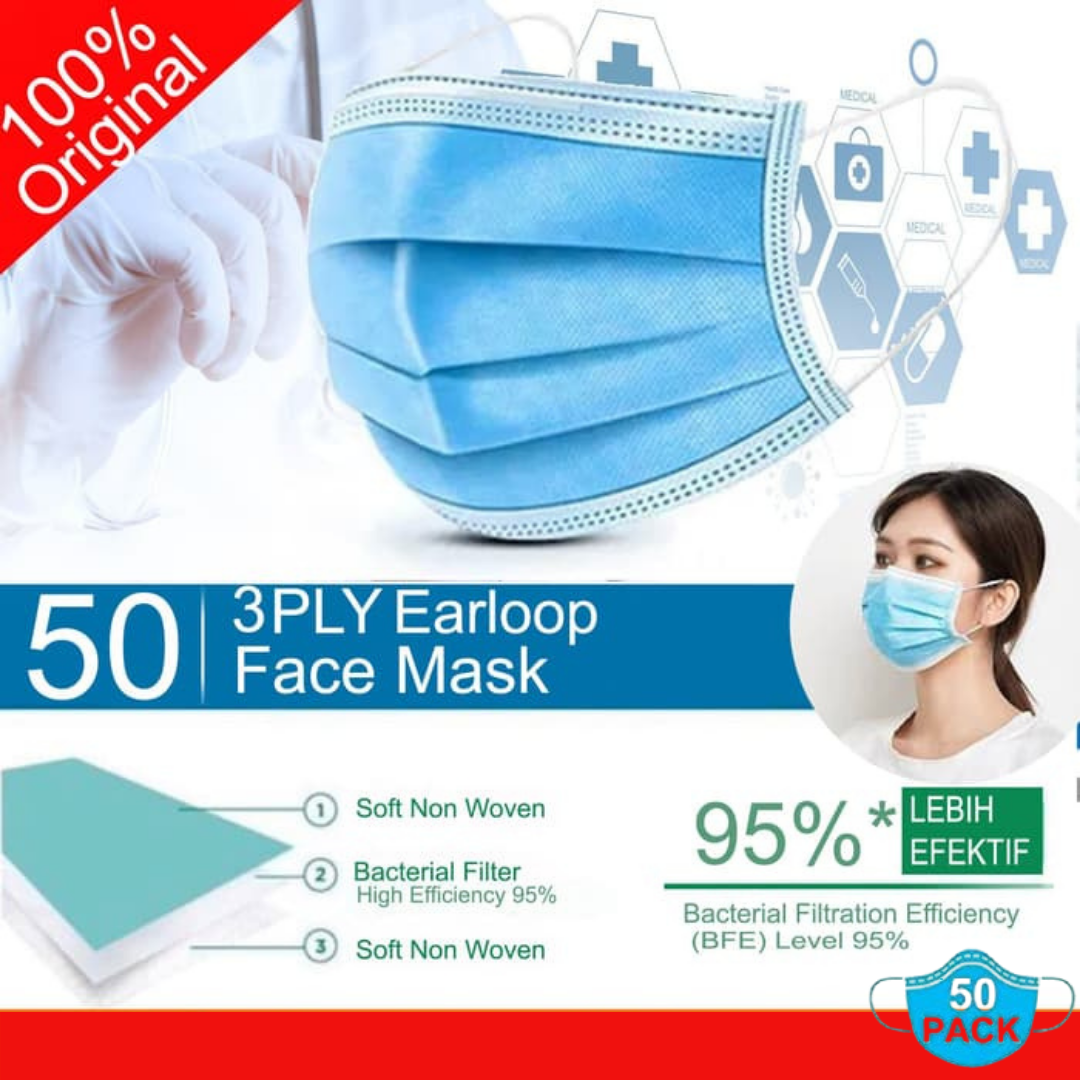50 Pack Disposable 3-Ply Face Masks – Surgical/Dental Grade Earloop Protection