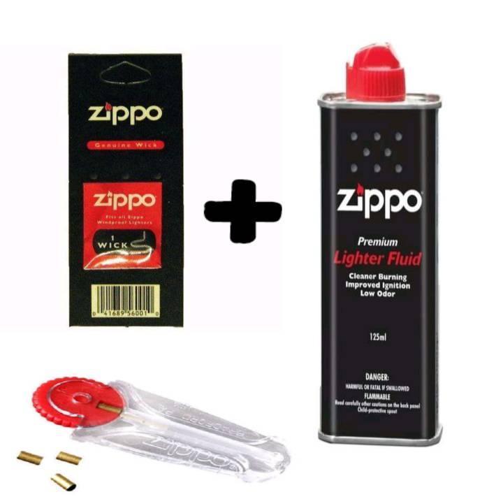 Paket Hemat minyak zippo 125 ml, sumbu zippo, batu korek isi 6 pcs