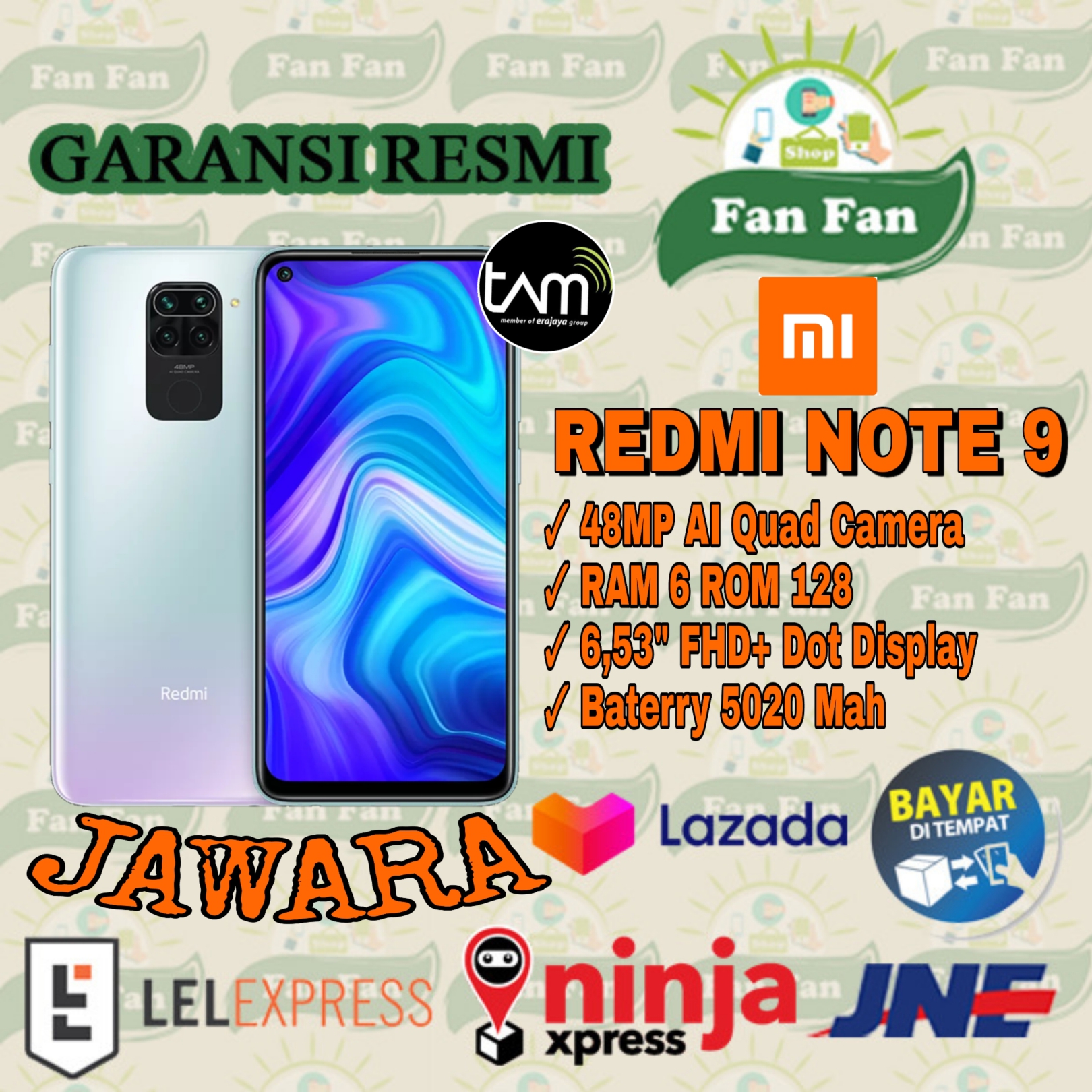 Xiaomi Redmi Note 9 (6GB+128GB) Garansi Resmi TAM Helio G85 48MP Quad Kamera 5020mAh 6.53