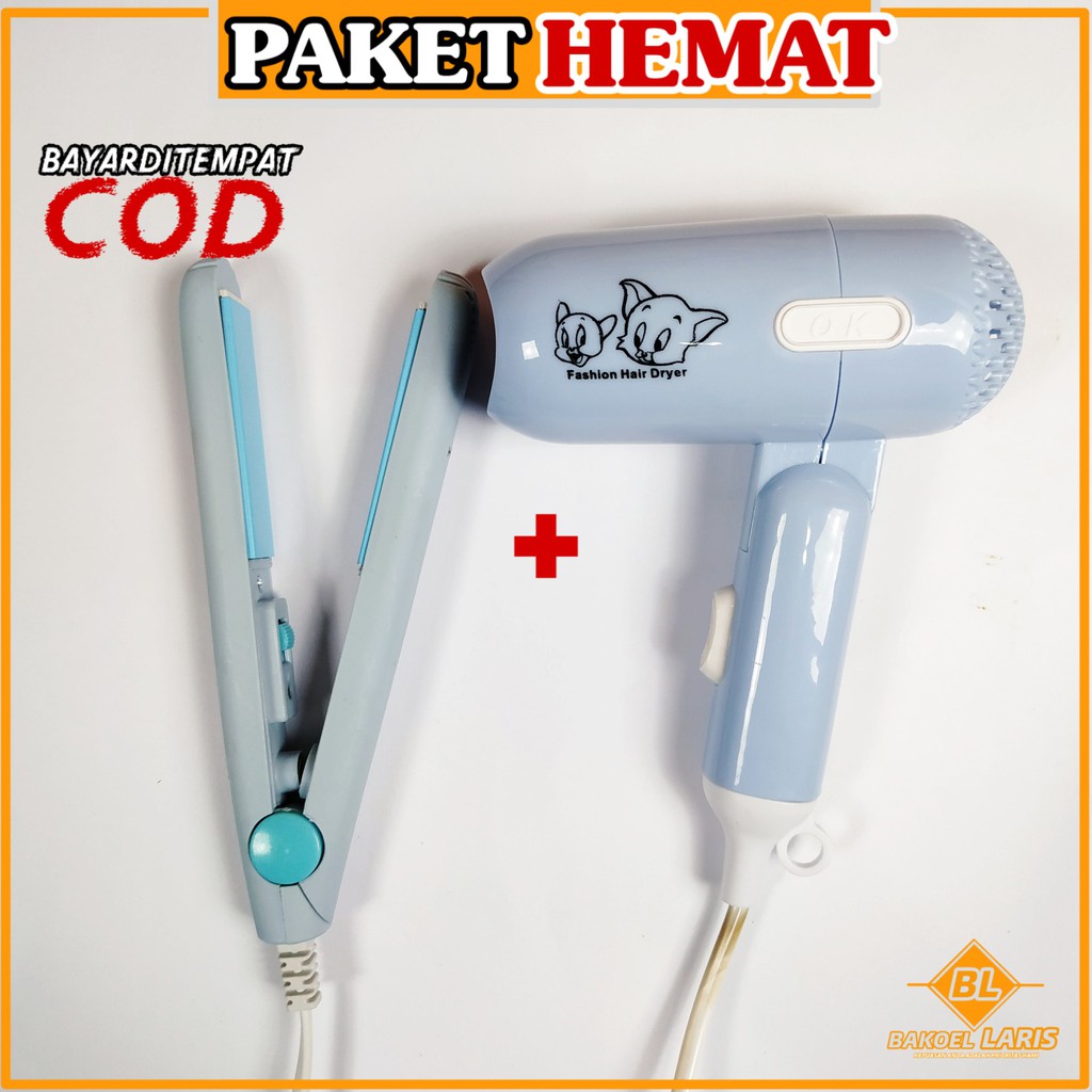 (COD) Paket Hemat Hair Dryer Pengering Rambut Catokan 2in1 Biru