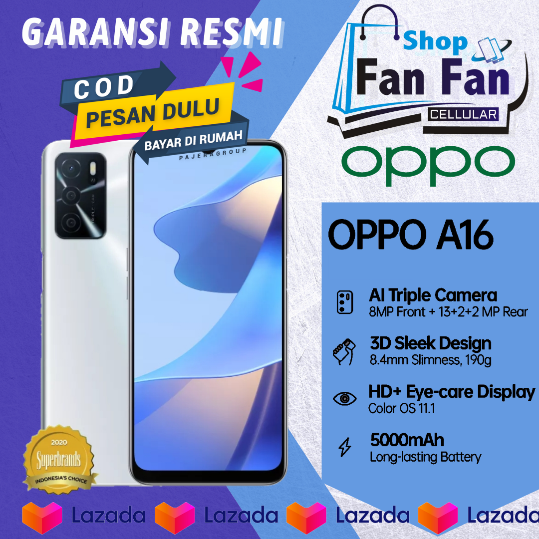 OPPO A16 3/32GB  Dan 4/64GB   Garansi Resmi OPPO Indonesia 4230mAh Battery - AI Face Unlock