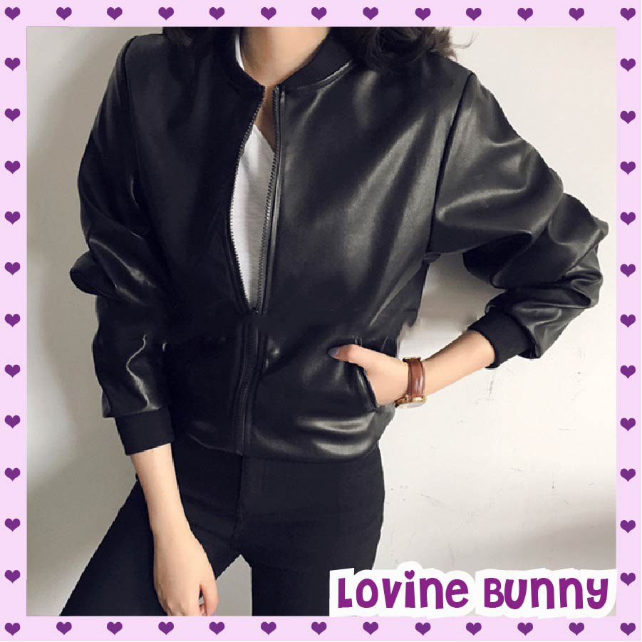 JAKET KULIT SINTESIS WANITA KOREAN STYLE / JAKET BOMBER LEATHER IMPORT
