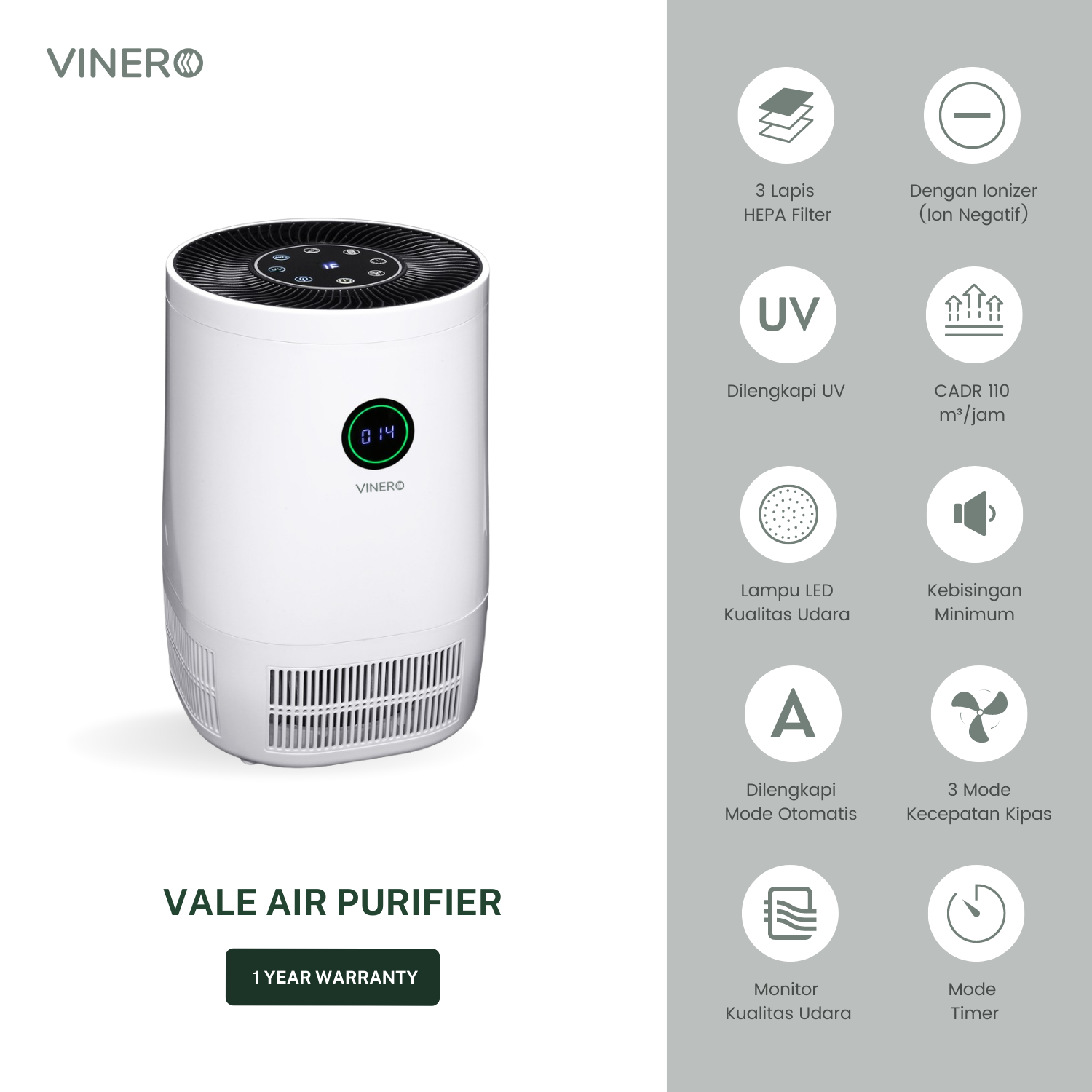 Vinero Vale Air Purifier UV Light HEPA Filter ION Negatif Disinfection PM 2.5 Lazada Indonesia