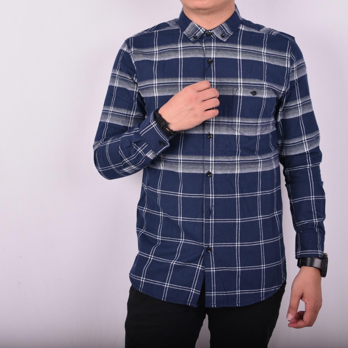 Kemeja Flanel Lengan Panjang Pria Long Blue List White & Maron Flanel
