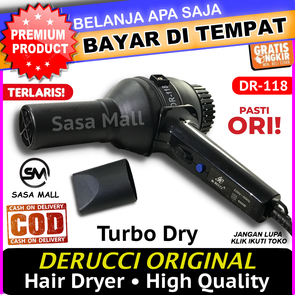 [COD] HairDryer DR-118 Original Derucci Pengering Rambut Professional Blow Dryer Hair Alat Kecantikan Panas dan Dingin Hair Styling Ceramic Technology Panas Dingin Quick Drying Turbo Dry Derruci De Rucci Laz COD Bisa Bayar di Tempat Sasa Mall