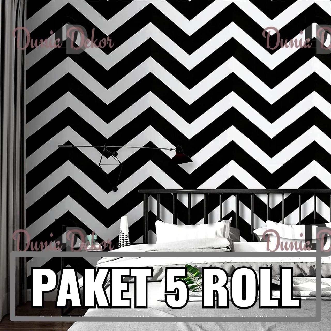PAKET 5 ROLL Wallpaper Stiker Dinding Zig Zag Hitam Putih Ukuran 45Cm X
