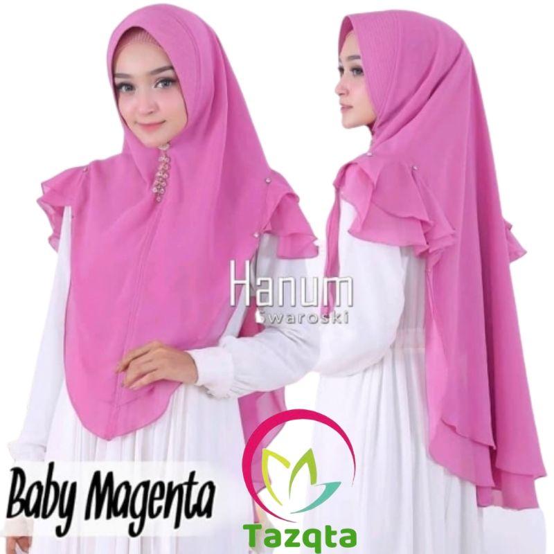 TAZQTA Hijab Khimar Hanum Swarovski / Khimar Kerudung Jilbab Instan Syari Panjang Softpad Antem Variasi 2 Layer Dipercantik Kristal Swarovski Sintetis, Cantik Dan Elegan
