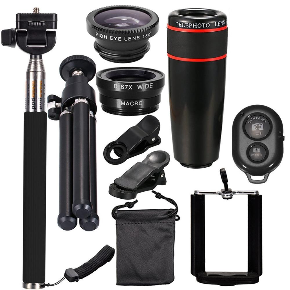 10 Pcs 8X Telephoto Telepon Seluler Lensa Universal Detachable Clip-on Lensa Wide Angle + Mata Ikan + Macro Lens + Selfie Stick + Tripod-Intl