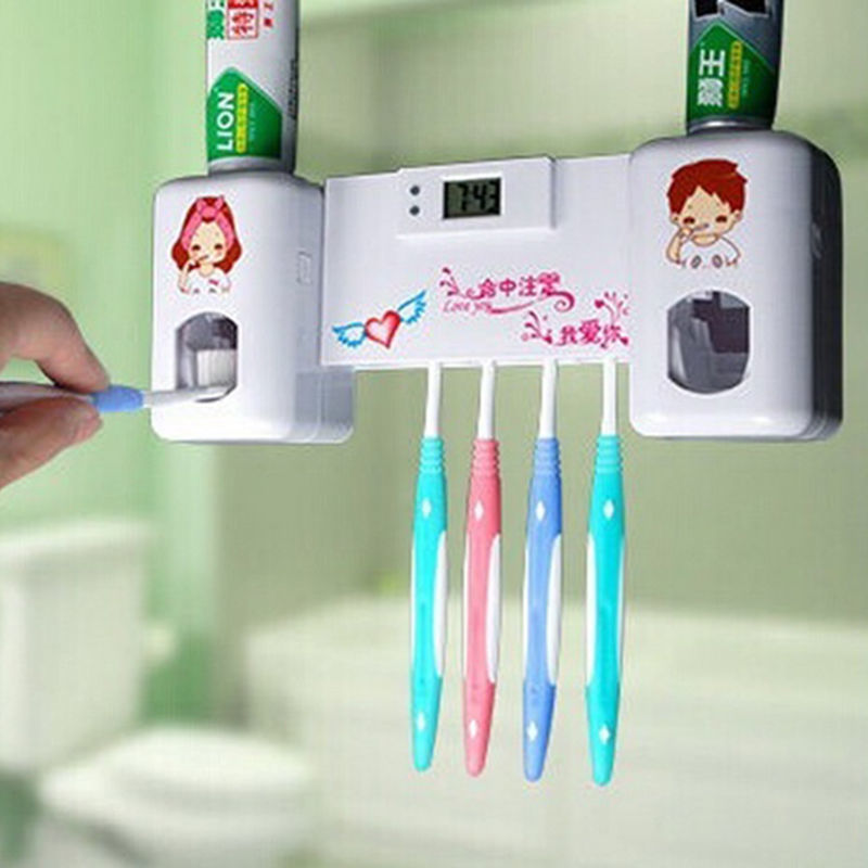2-in-1 jam otomatis Dispenser pasta gigi + 5 pemegang sikat gigi penahan dinding rak berdiri - Internasional