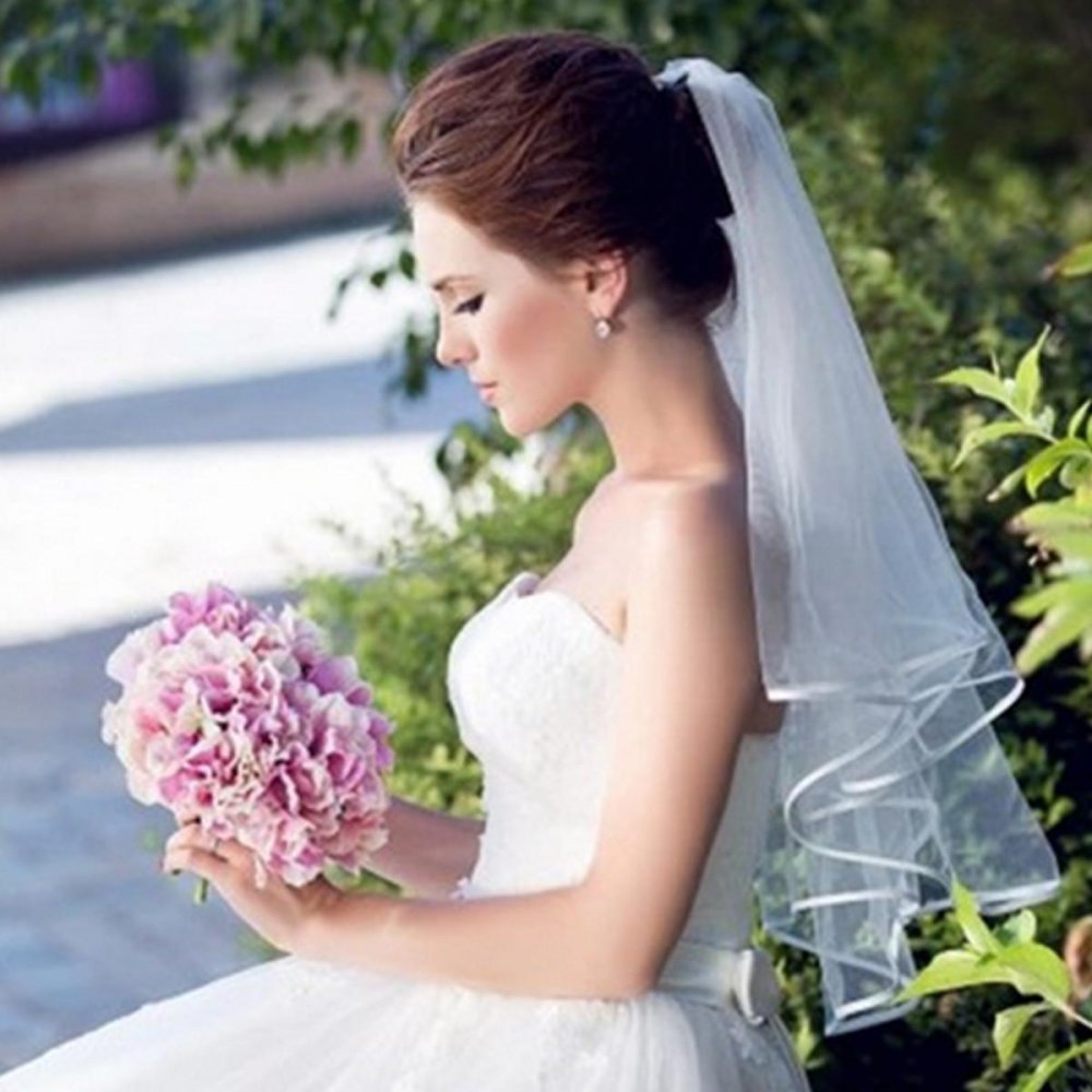 2 Pcs 3 Tier Pernikahan Bridal Siku Panjang Pendek Satin Pinggir Jilbab dengan Sisir Baru Hitam-Intl