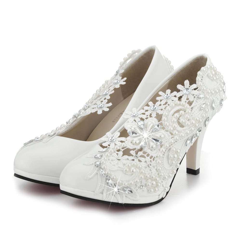 3 ''/8 Cm Ladies Heel Gading Lace Kristal Mutiara Pernikahan Bridal Sepatu Pompa Hadiah-Intl