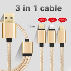 3-In-1 Nilon Tipe C 8 Pin Micro USB Konektor Kabel Pengisian Charger USB untuk Semua Ponsel (emas) -Internasional