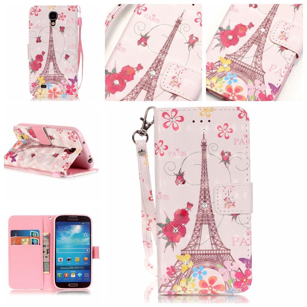 3D Disain Case Kulit untuk Samsung Galaxy S4 I9500 Jual Wallet Peta Kantong Berkelip-kelip Bling Berdiri Mawar Tower -Internasional