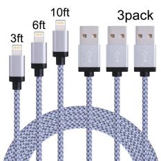 3 Pack 3FT/1 M 6FT/2 M 10FT/3 M 3IN1 Ekstra Panjang Nylon Dikepang Lightning Ke USB Sync Charge Cable Cord Charger dengan Aluminium Konektor untuk IPhone 7/7 Plus/6 S/6 S Plus/6/6 Plus/5 S/5C/5, IPad/iPod Model-Intl