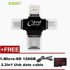 4 In 1 Card Reader Micro SD Card Reader OTG USB Flash Drive untuk IPhone 8 7 6 Plus 5 SE untuk IPad untuk Android (Hitam) + 128g Kartu Memori-Intl