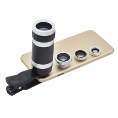 4-In-1 Universal 180 Derajat Lensa Mata Ikan + Lensa Marco + 0.67X Lensa Wide + 8X Teleskop Pembesar Lensa Telefoto dengan Klip, untuk iPhone, Samsung HTC, LG, Sony Huawei Lenovo, Xiaomi dan Earphone Smartphone