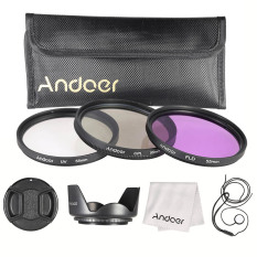 Andoer 55mm Saring Kit (UV + CPL + FLD) /nilon Membawa Kantong/Cap/tutup Lensa Pemegang//kain Pembersih Lensa Kap Lensa
