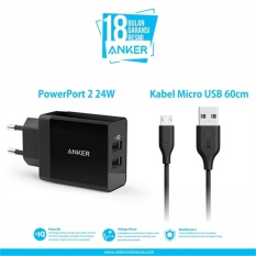 Anker PowerPort 2 Dual Wall Charger + Micro USB 3ft - Hitam