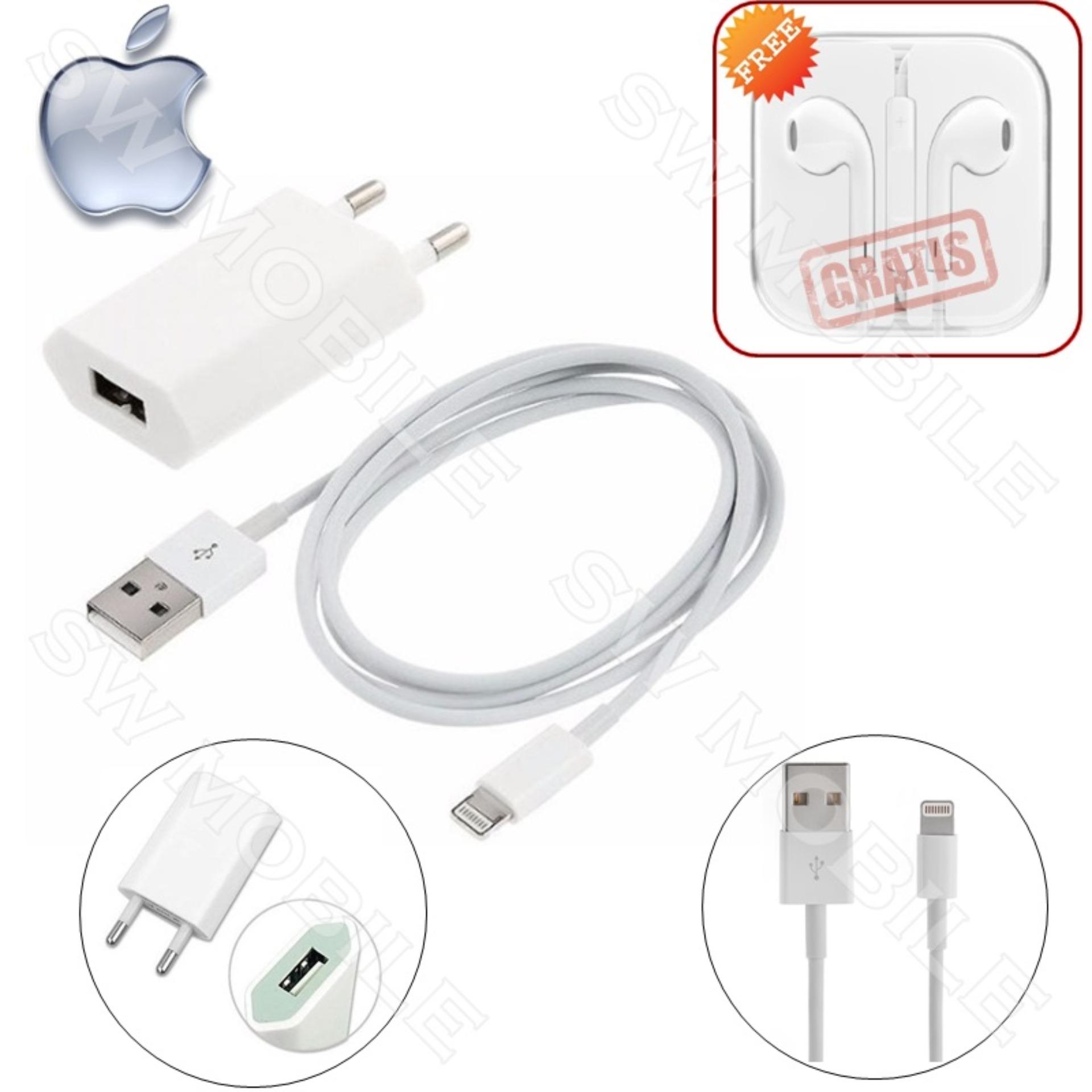 Travel Charger Lightning Compatible for iPhone 5 / 5s / 6 / 6s - Putih + FREE Handsfree for iPhone