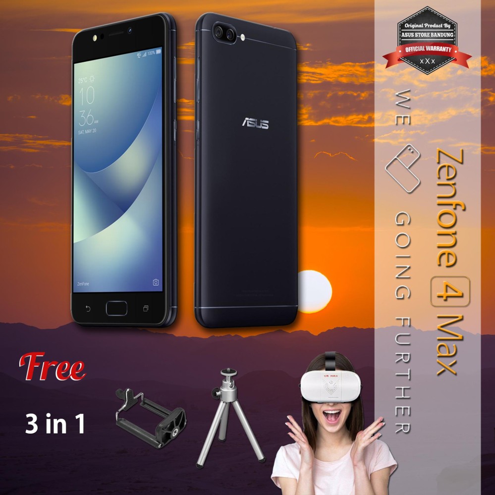 Asus Zenfone 4 Max ZC520KL 4G 3/32 13MP + 5MP + 8MP Android N + Free Mini Tripod + Holder U + VR Garansi Resmi