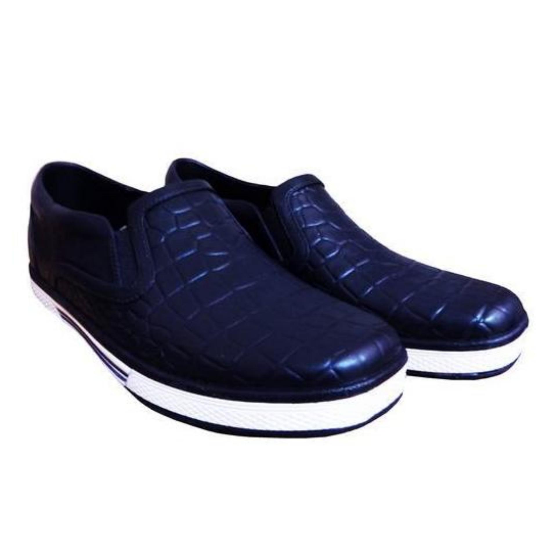 ATT Sepatu Pria BOS 1130 Biru Tua Slip On Sepatu Karet Motif Kulit Buaya