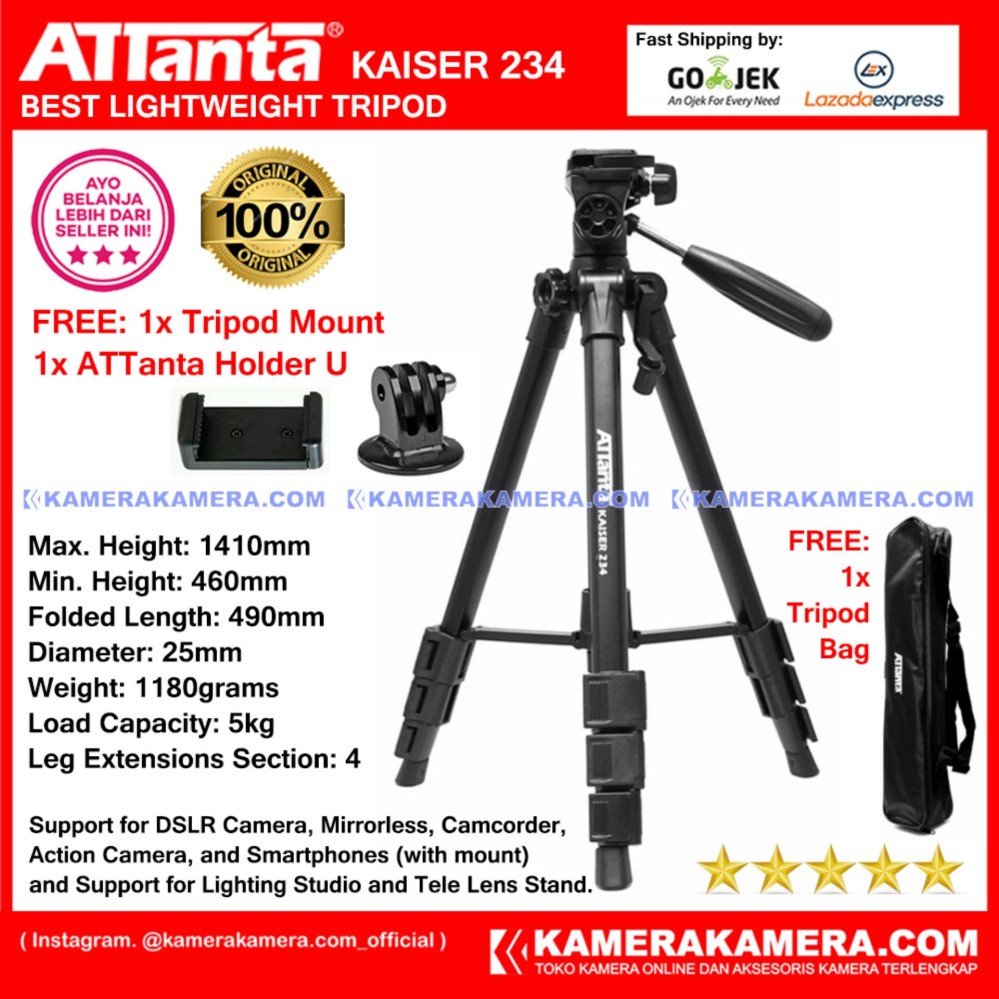 ATTanta Kaiser 234 Light Weight Tripod Video Camera Max Height 1410mm Free Bag ATTanta Holder U and Tripod Mount for DSLR and Mirrorless Canon Nikon Sony Panasonic Fujifilm and Action Camera GoPro Brica Xiaomi Yi