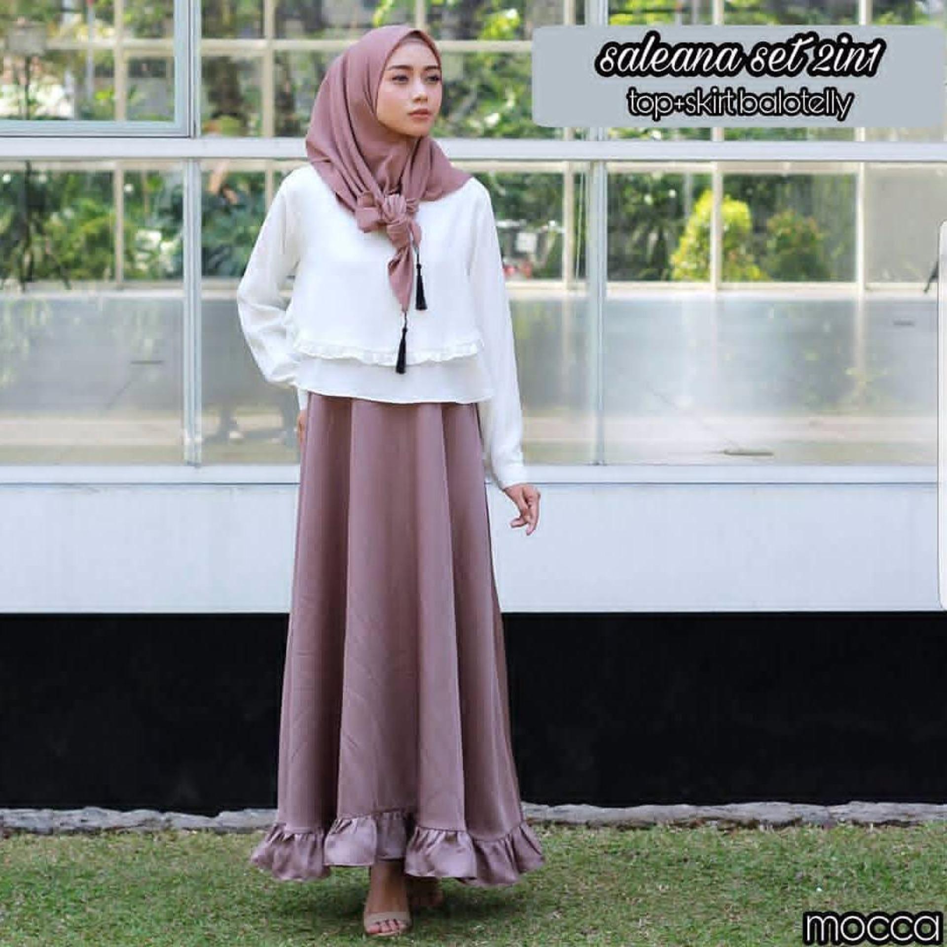 Baju Original Setelan Saleana Set 2in1 Balotelly Stelan Muslimah Atasan Dan Rok Wanita Pakaian CasualWarnaMocca