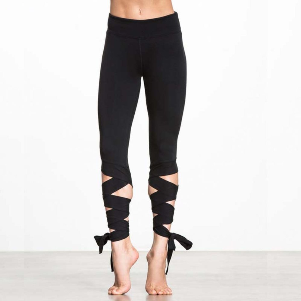 Baru Panjang Kasual untuk Wanita Womens Plain Hitam Lebar Pinggang Tinggi Pinggang Tie Up Skinny Legging Bandage Yoga Pants- INTL