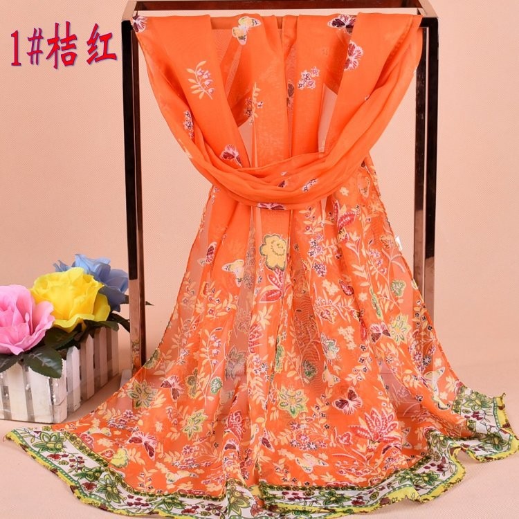 Baru Sifon Wanita Floral Soft Chiffon Floral Pattern Silk Scarf Selendang Kasmir Jilbab Pashima Bandana Printed Designer Scarf Bunga Pakaian Kasual Soft Scarves Long Bungkus Pashmina 160*50 Cm JH988913-Intl