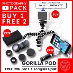 Beli 1 Dapat 2 Gratis - Authentic Gorilla Pod Flexible Tripod Holder U Bonus Tongsis / Monopod + Lensa 3 in 1 (Super Wide , Macro , Fish Eye)