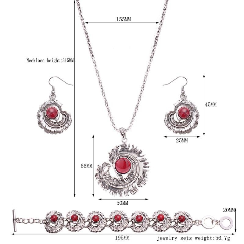 Bohemia Ikan Batu Perhiasan Set untuk Wanita Antik Perak Plated Earrings/Kalung/Gelang Gaya: Merah Spesifikasi: Set-Intl
