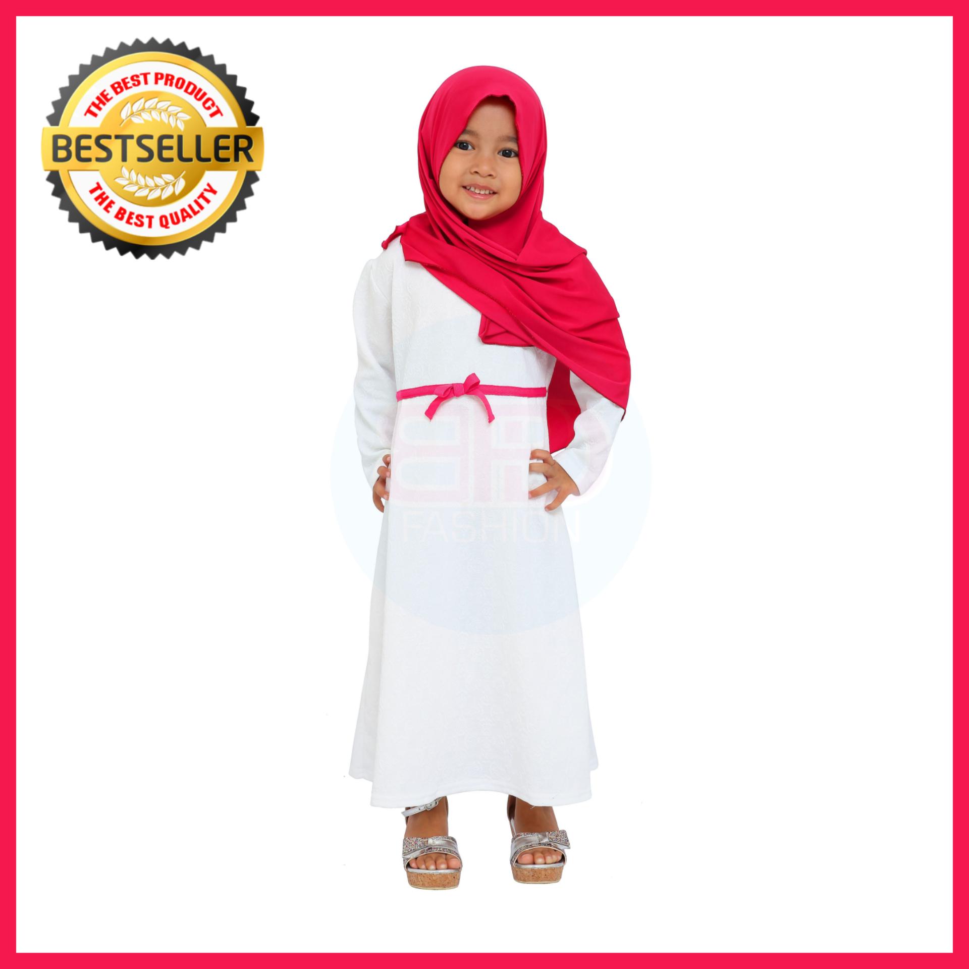 BPD Baju Muslim Gamis Dress Anak Perempuan Cewek Putih Bahan Premium + PASTAN PINK