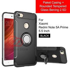 Calandiva Ring Carbon Kickstand Hybrid Premium Quality Grade A Case for Xiaomi Redmi Note 5A Prime, Redmi Y1 5.5 Inch ( Sama Ukuran ) + Rounded Tempered Glass 2.5D Bening