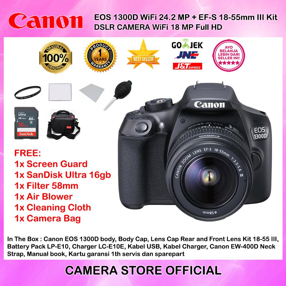 CANON EOS 1300D EF-S 18-55mm III WiFi 18MP Garansi 1th + Screen Guard + SanDisk Ultra 16gb + Filter 58mm + Blower + Cloth + Camera Bag