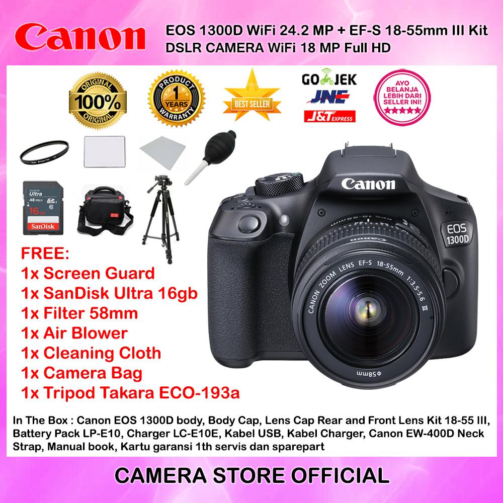 CANON EOS 1300D EF-S 18-55mm III WiFi 18MP Garansi 1th + Screen Guard + SanDisk Ultra 16gb + Filter 58mm + Blower + Cloth + Camera Bag + Tripod Takara ECO-193A