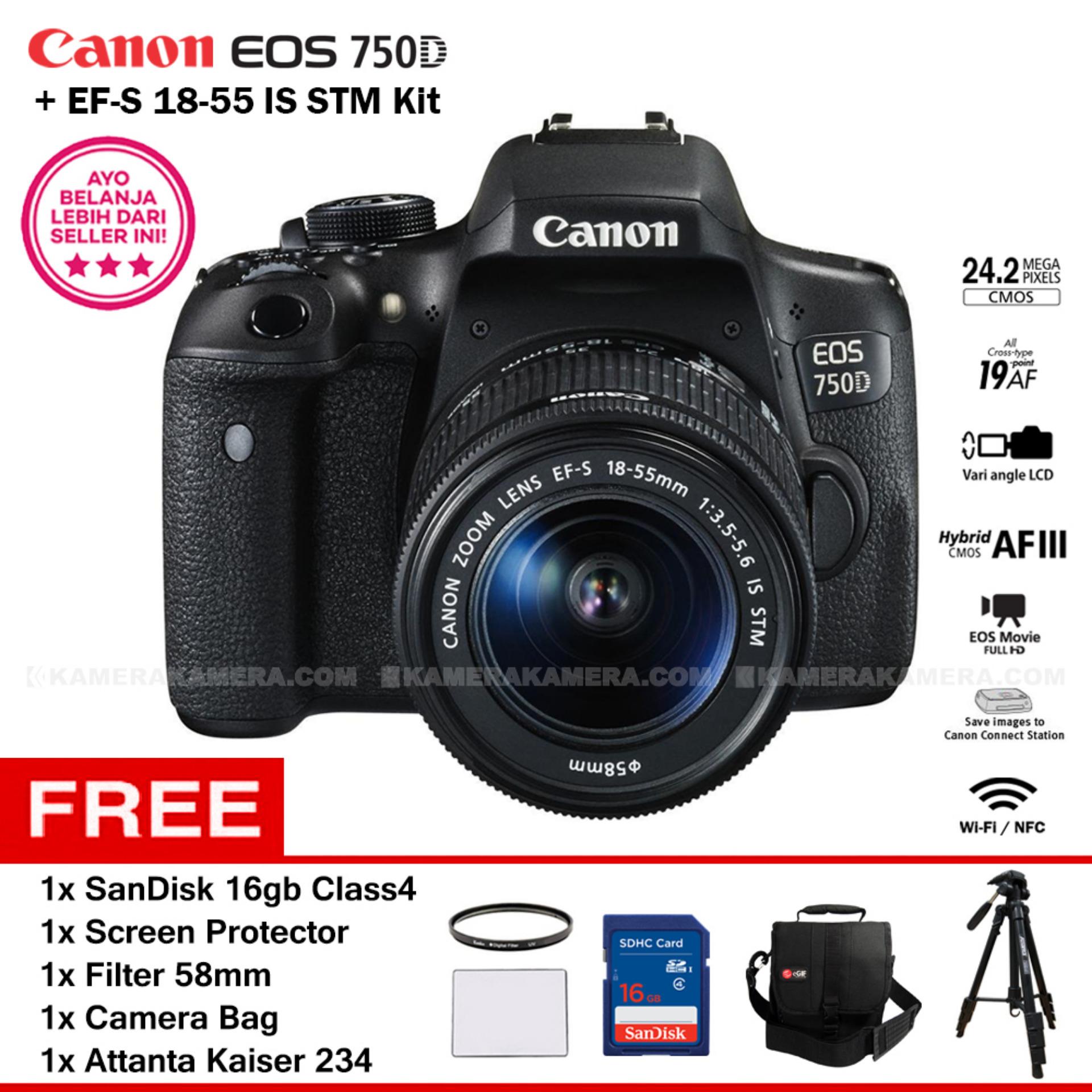 CANON EOS 750D + EF-S 18-55 IS STM Kit Lens WiFi 24.2MP 19AF point Vari-angle LCD Full HD + Filter 58mm + Screen Protector + SanDisk 16GB + Camera Bag + Attanta Kaiser 234