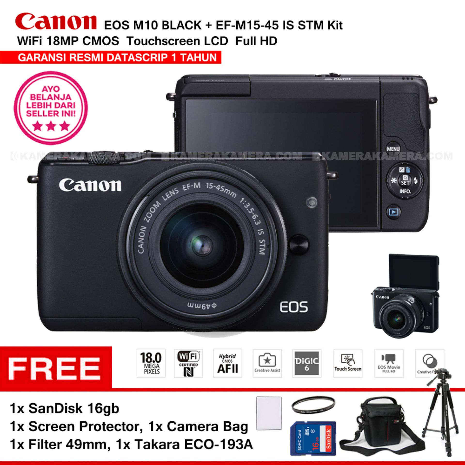 CANON EOS M10 BLACK (EF-M15-45 IS STM) WiFi 18MP CMOS Touchscreen LCD Full HD (Resmi Datascrip) + SanDisk 16gb + Screen Protector + Filter 49mm + Camera Bag + Takara ECO-193A