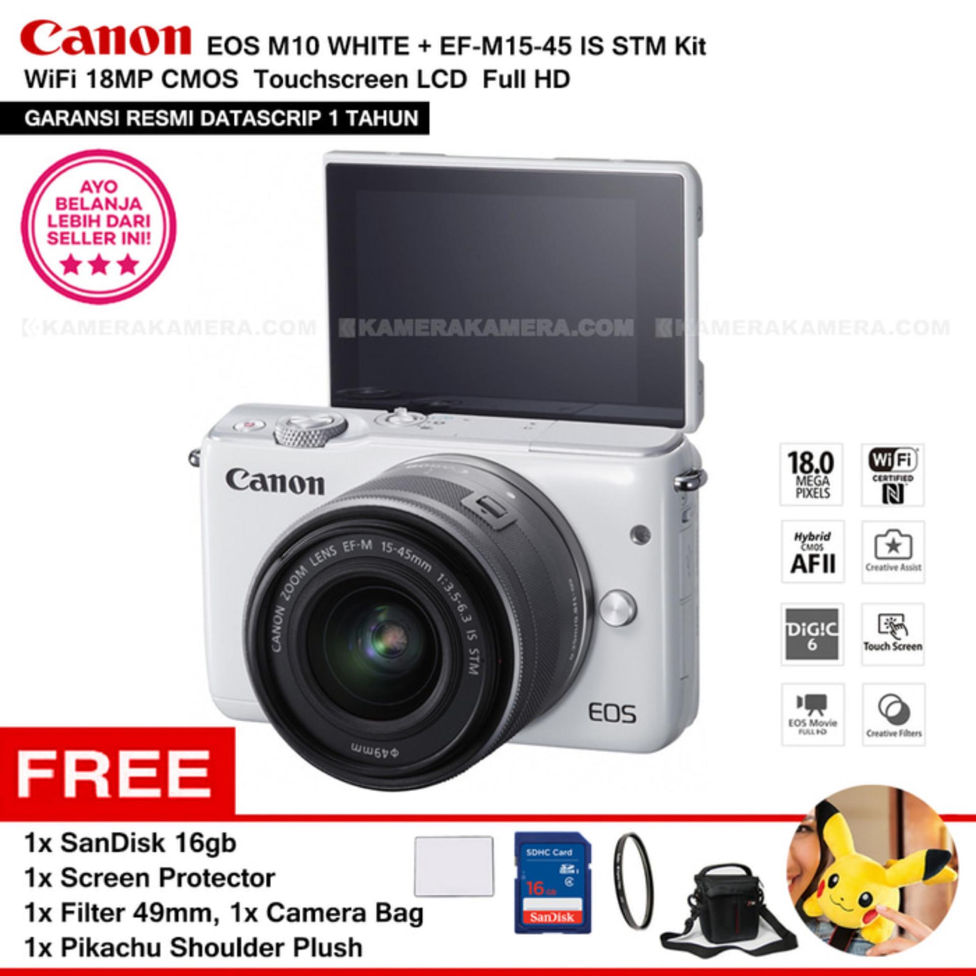 CANON EOS M10 WHITE + EF-M15-45 IS STM Kit Wifi 18MP CMOS Touchscreen Lcd Full Hd (Datascrip) Free Pokemon Pikachu Shoulder Plush + Screen Guard + SanDisk 16gb + Filter 49mm + Camera Bag