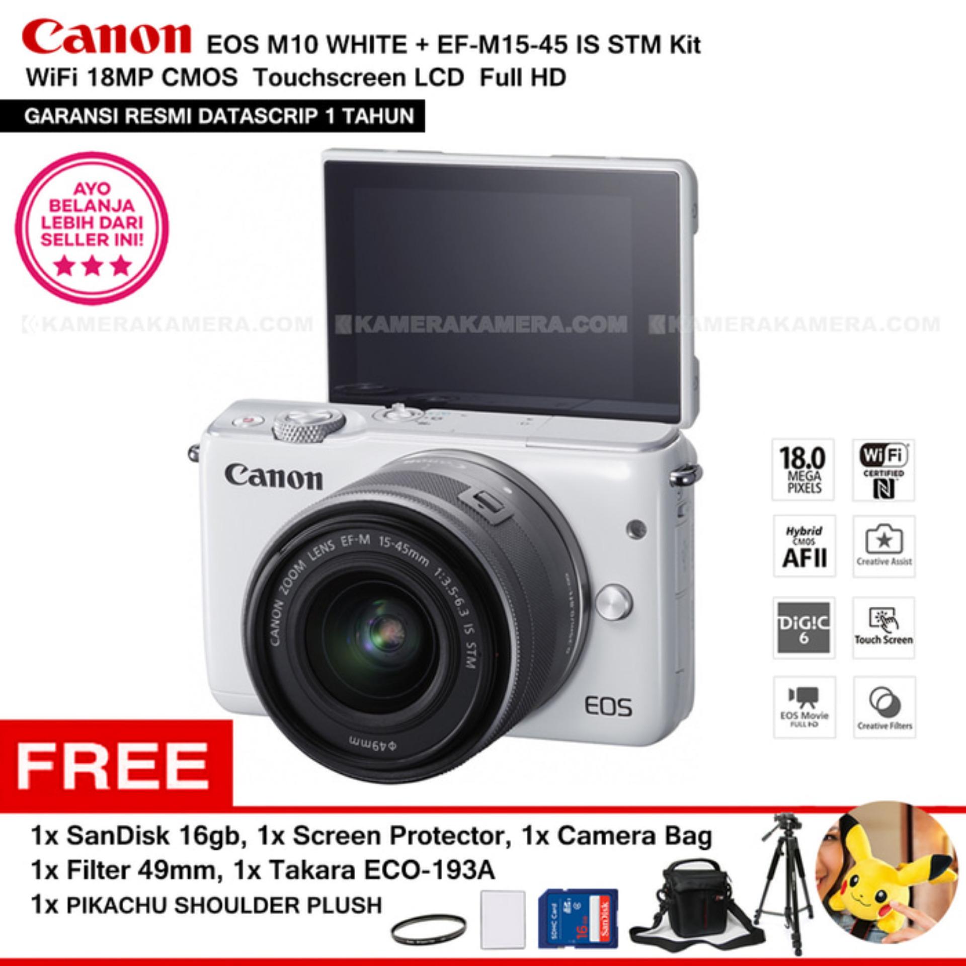 CANON EOS M10 WHITE + EF-M15-45 IS STM Kit Wifi 18MP CMOS Touchscreen Lcd Full Hd (Datascrip) Free Pokemon Pikachu Shoulder Plush + Screen Guard + SanDisk 16gb + Filter 49mm + Camera Bag + Takara ECO-193A