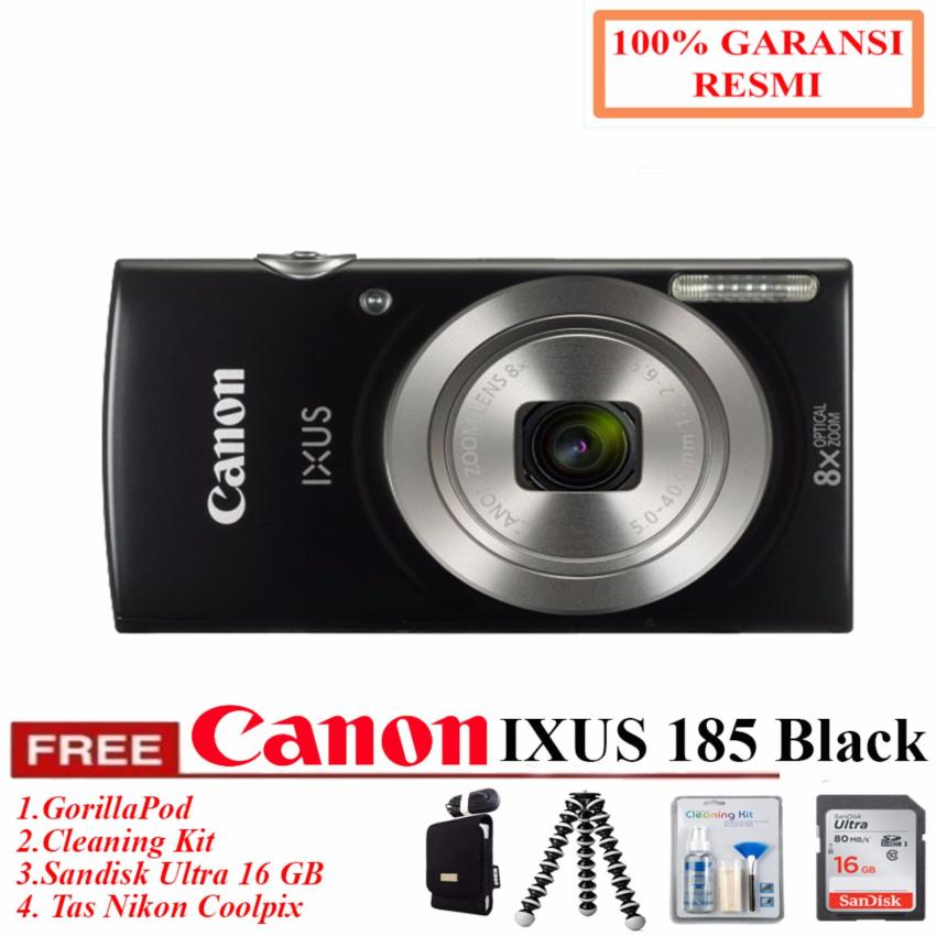 Canon IXUS 185 BLACK - Pocket Camera 20 MP 28mm Wide 8x Optical Zoom + Gorilapod + Cleanig Kit + bonus Tas Nikon (Resmi Datascrip)  