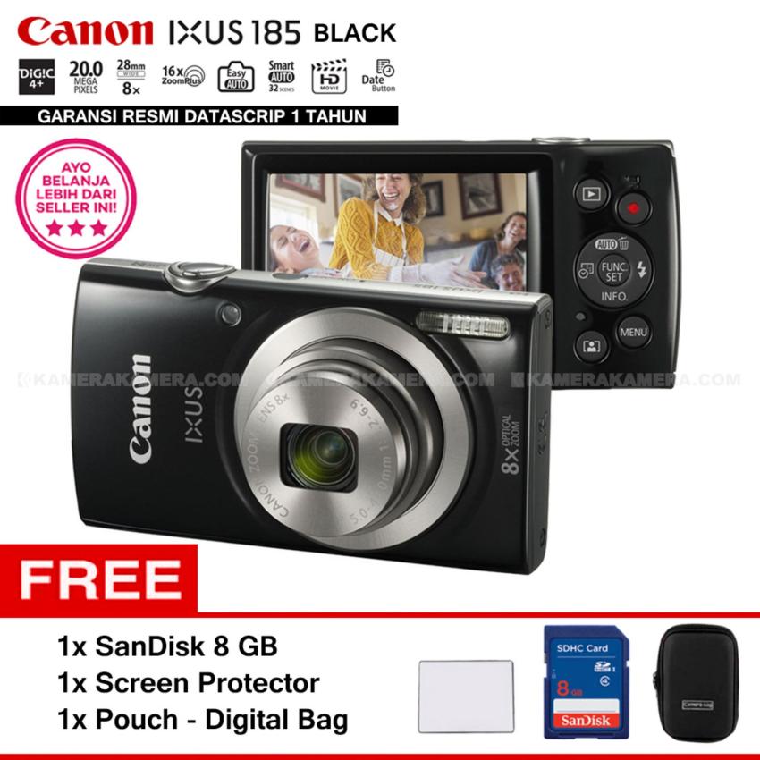 Canon IXUS 185 BLACK - Pocket Camera 20 MP 28mm Wide 8x Optical Zoom (Resmi Datascrip) + SanDisk 8 GB + Screen Protector + Pouch